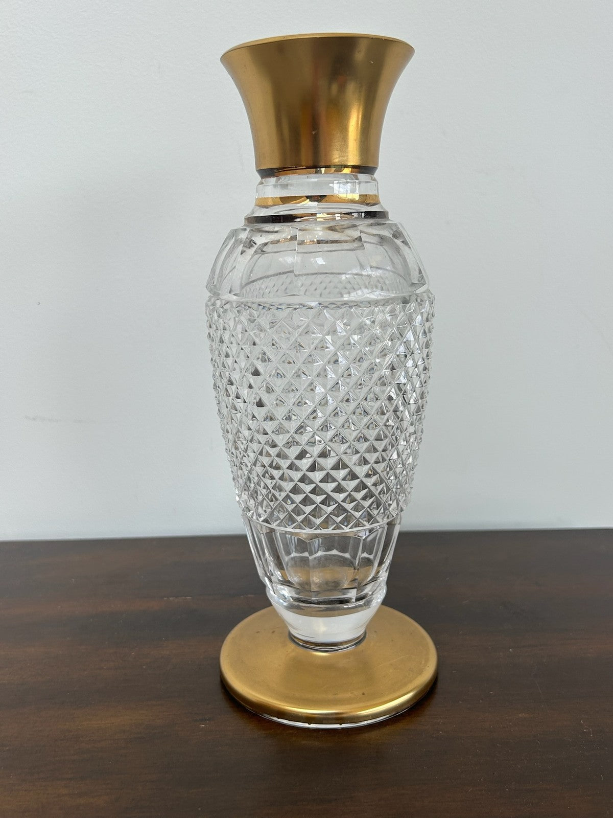 Bohemian Diamond Cut Crystal Vase Gilt Mounted Rim & Foot 25cm5