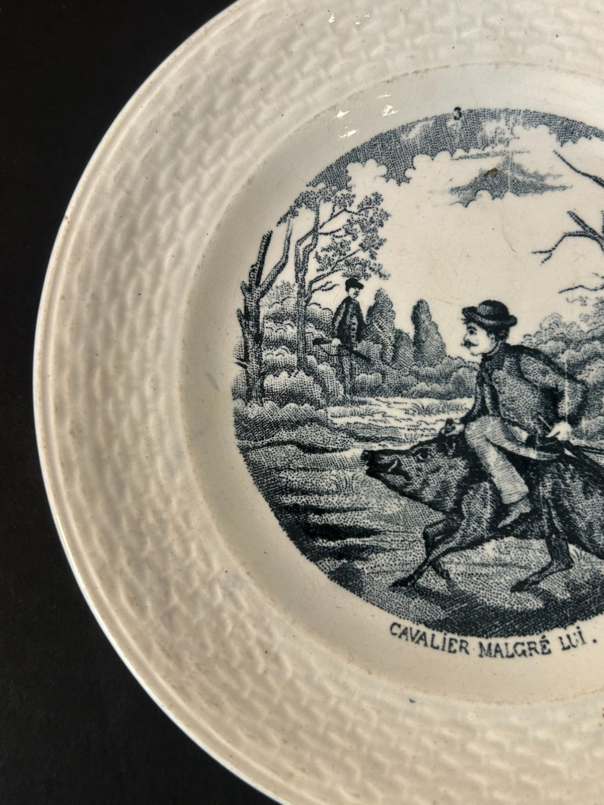 Antique French Transfer Plate Cavalier Malgre Lui Man Riding Boar Basketweave1