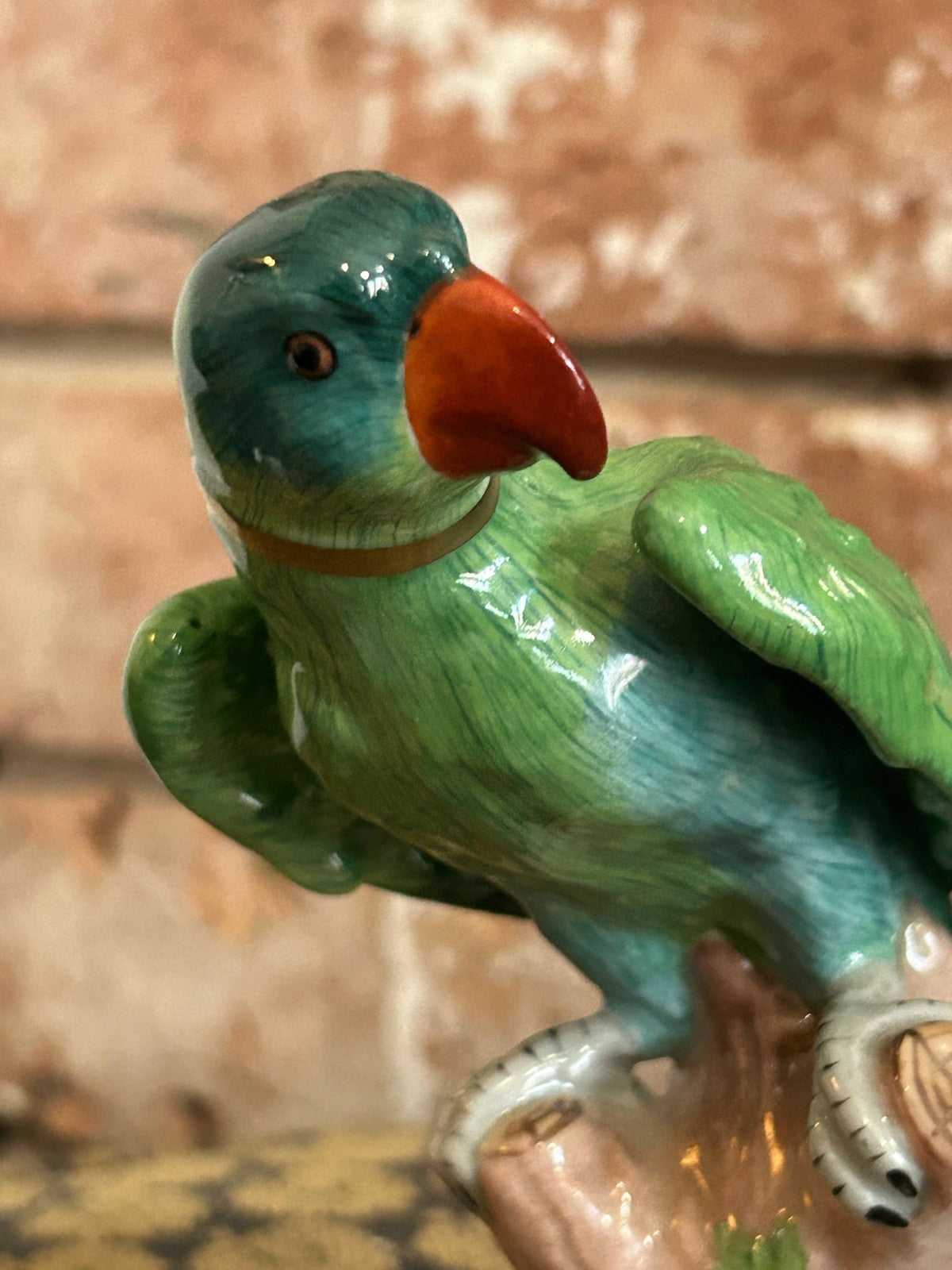 Pair Dresden Porcelain Green Parrot Figures Perched on Tree Stumps Blue Mark22