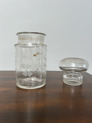 Antique Etched Glass Storage Jar Engraved Floral Pattern Replacement Lid 14cm