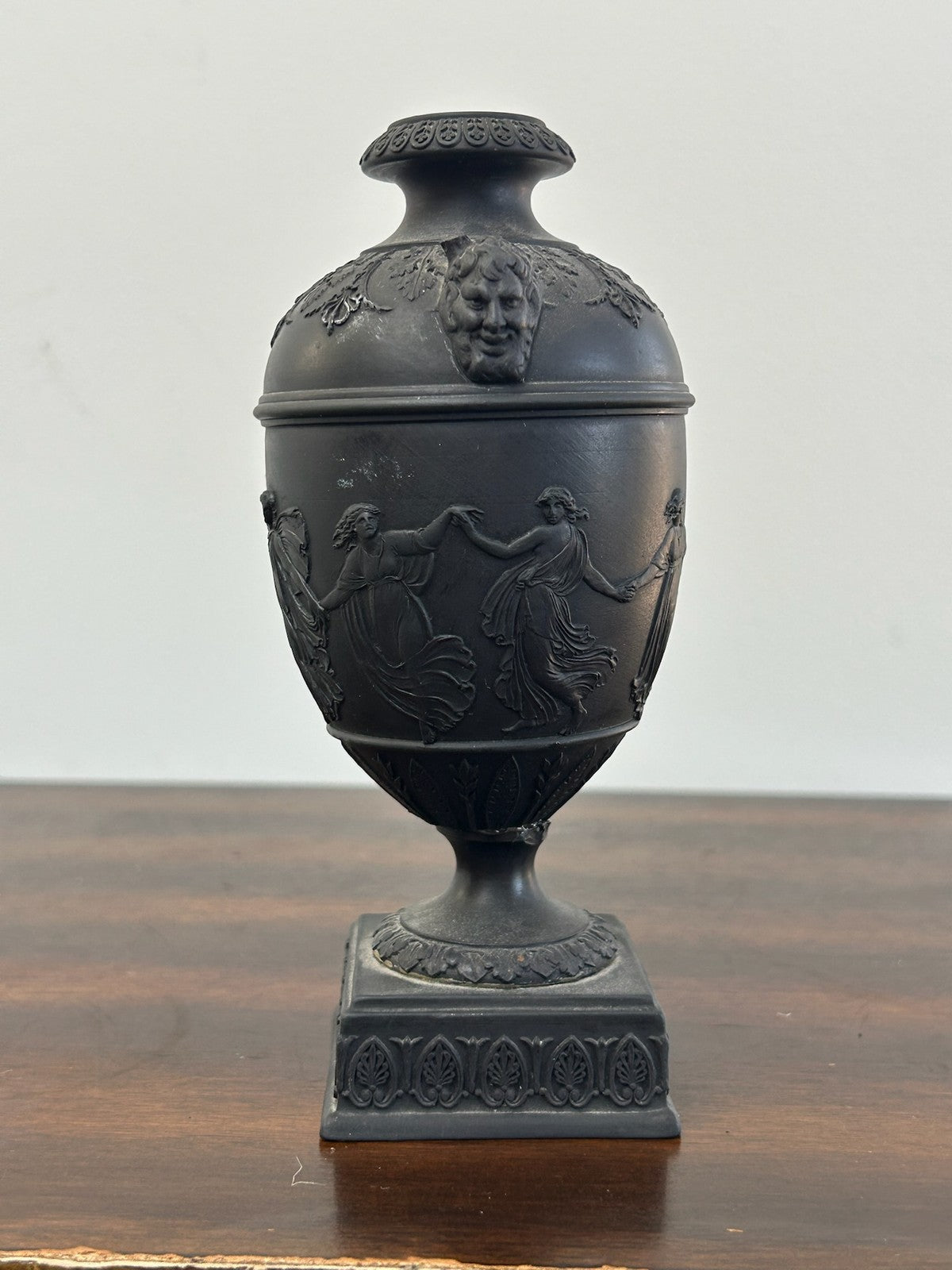 Wedgwood Black Basalt Urn Vase and Cover Square Plinth Classical Relief A/F1