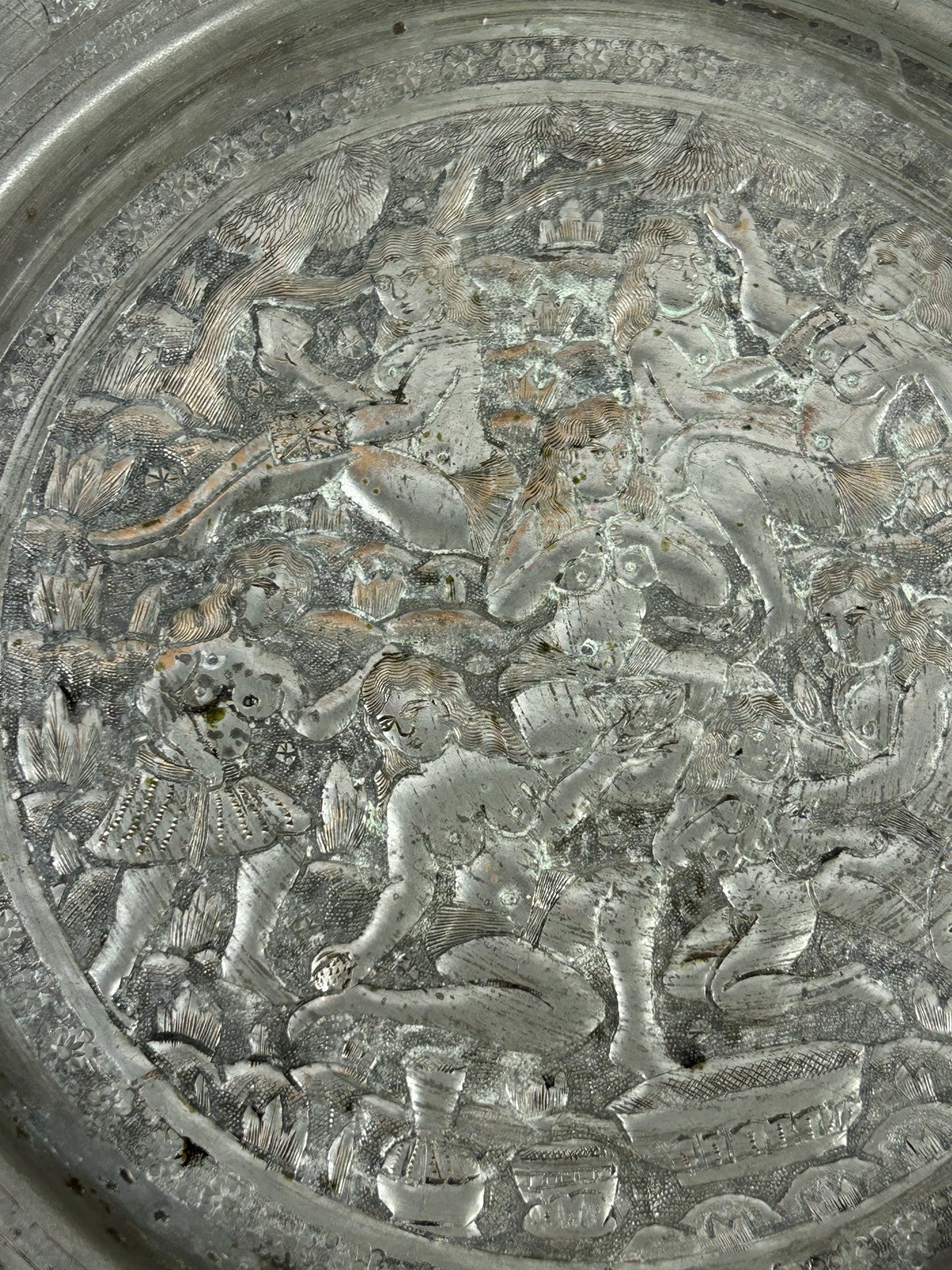 Antique Persian Silvered Copper Erotic Nude Figures Dish 23cm