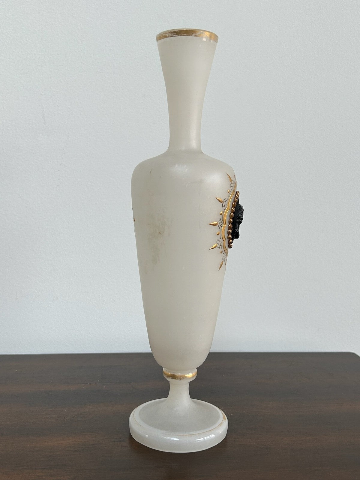 Antique Bohemian Opaline Glass Vase Black Cameo Gilt Sunburst3