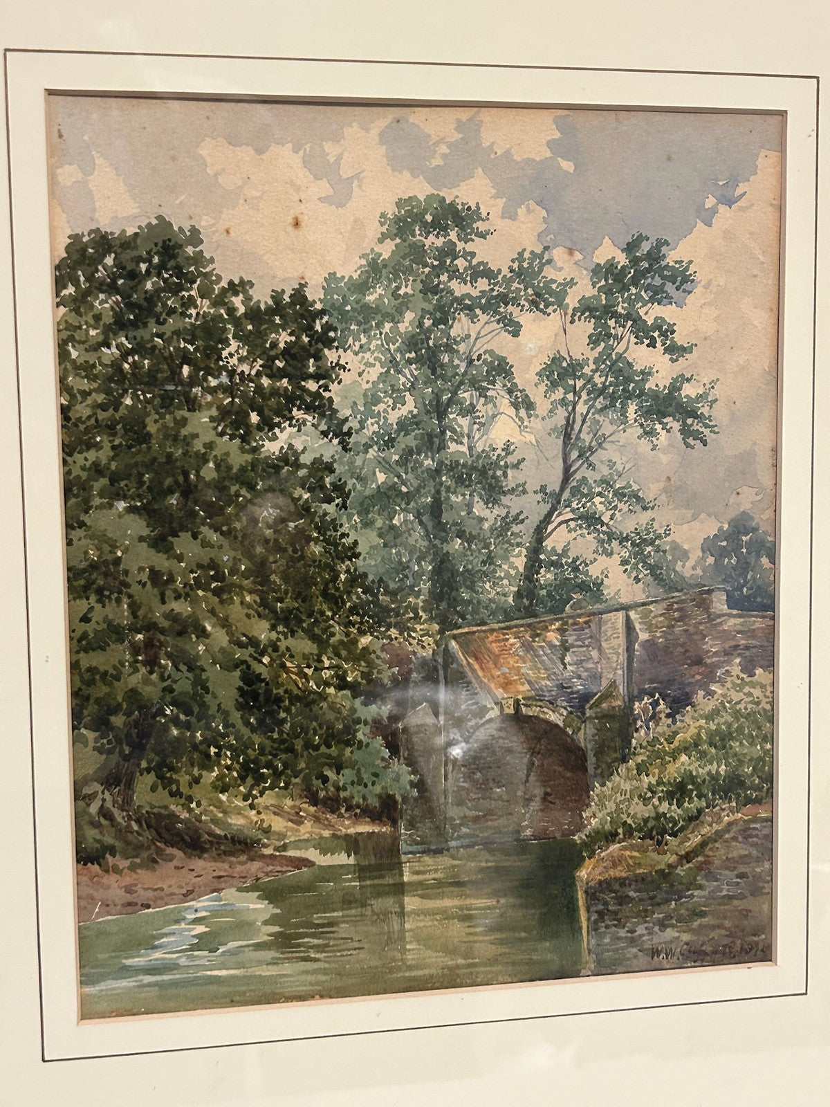 Antique Watercolour River Landscape Large Tree Figure on Bank Framed 43x50cm2