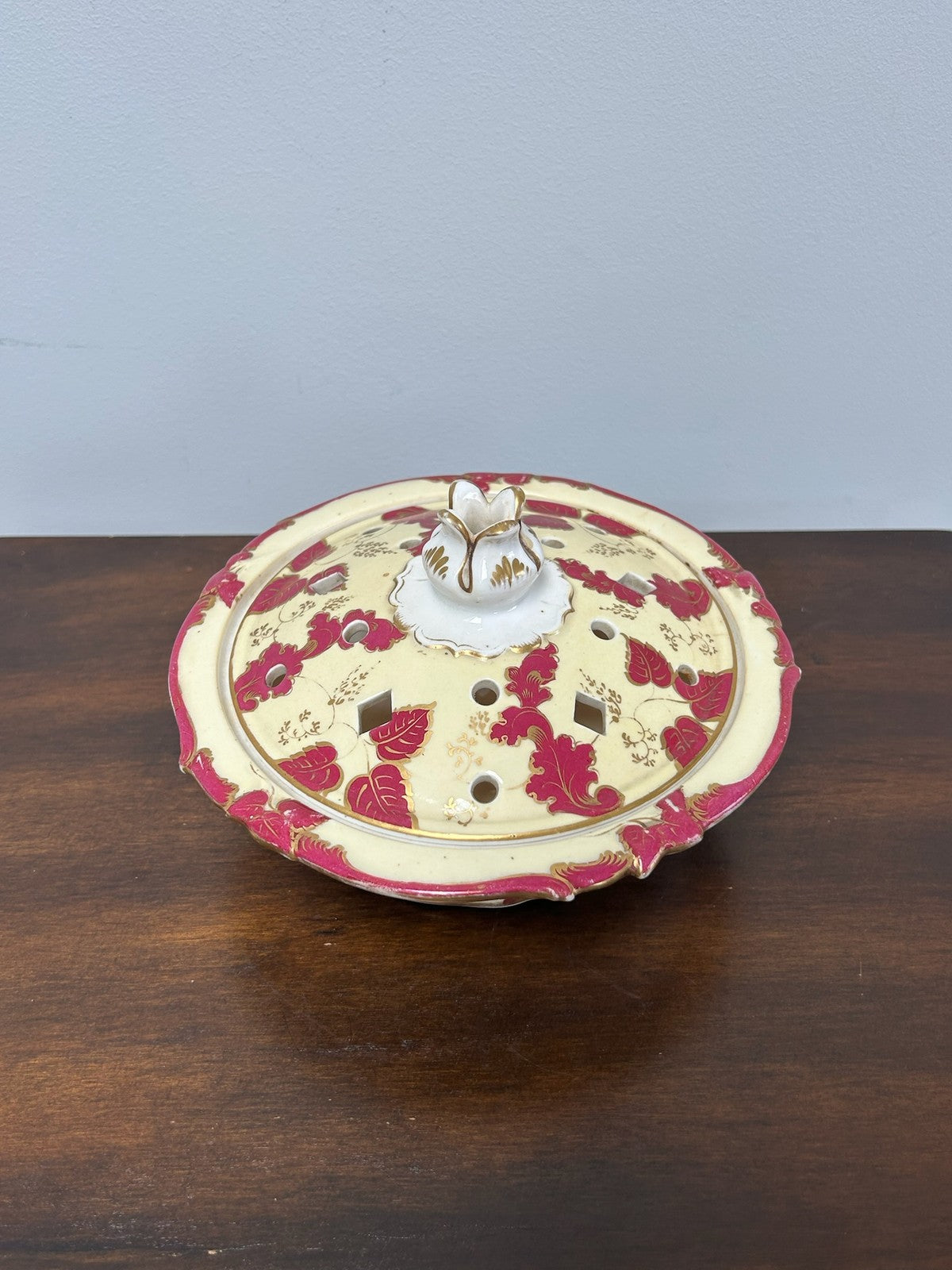 Antique Pot Pourri Vase & Pierced Cover Cream Ground Puce Floral Gilt 18cm1