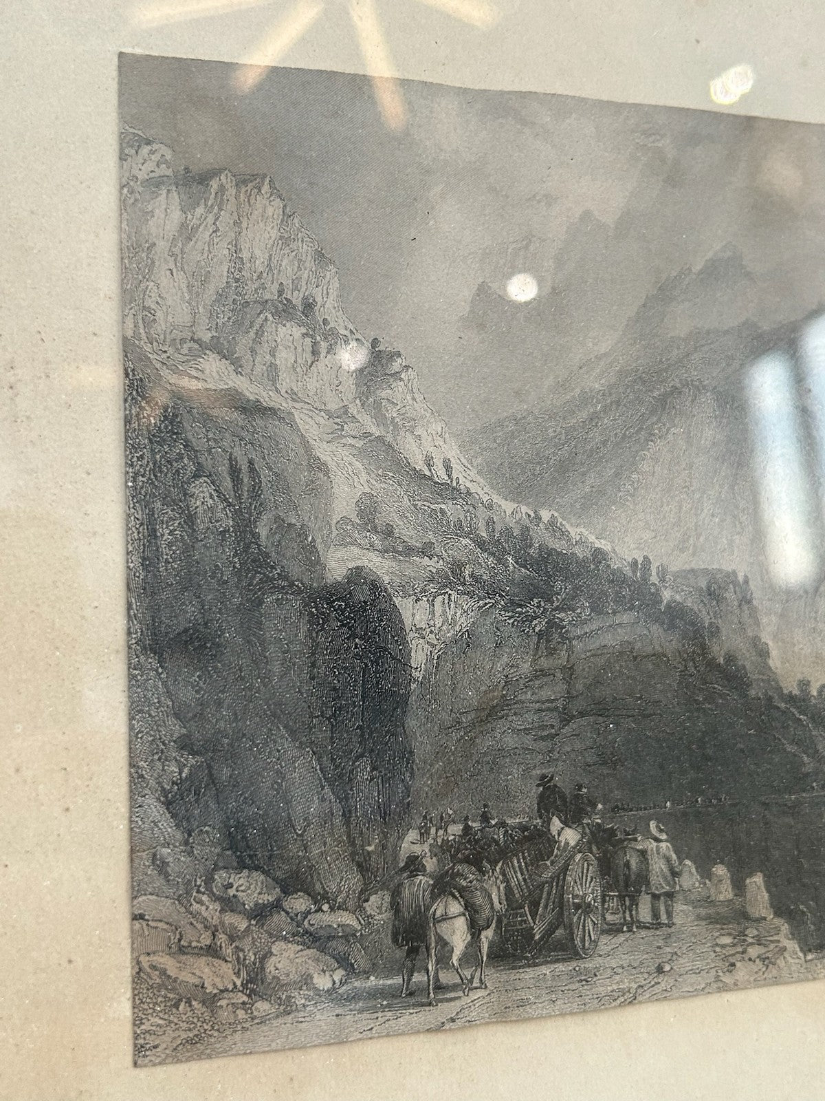 Antique 1865 France Voiron Chartreuse Valley Isere Waterfall Engraving Gilt Fram1