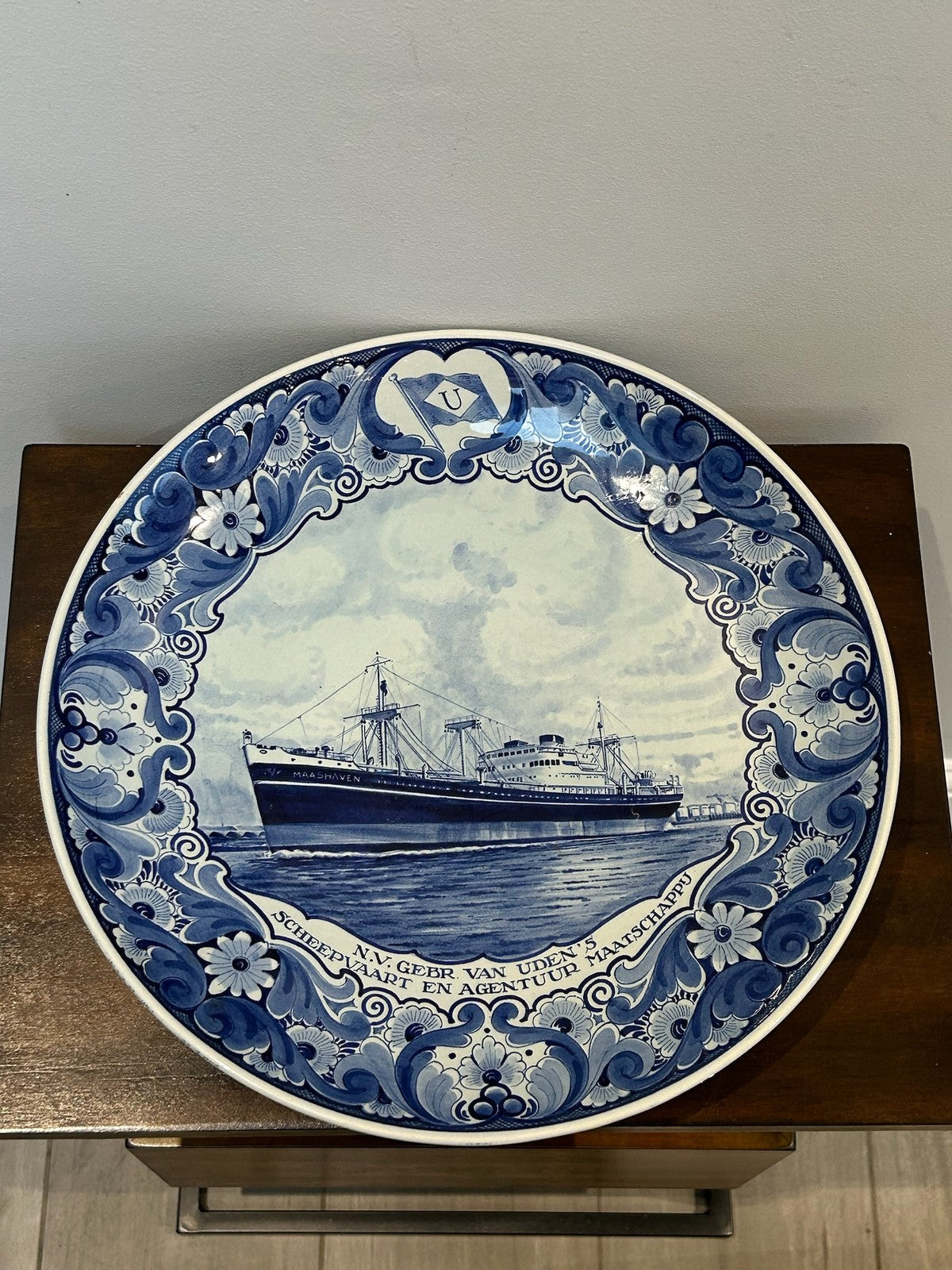 Vintage Boch Delft Plate Van Uden Rotterdam SS Maashaven Shipping Commemorative1