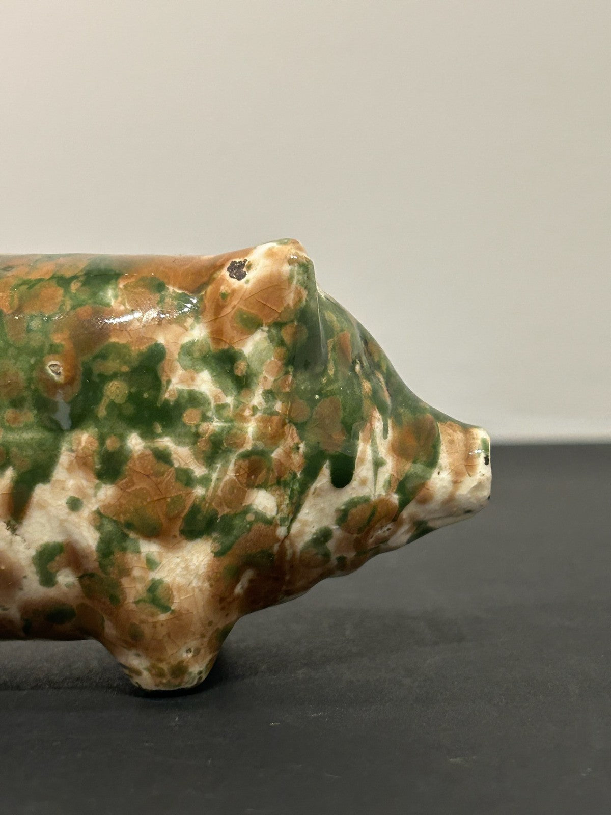 Antique 19th Century Spongeware Pottery Pig Money Box Green Brown Sponged 12cm6