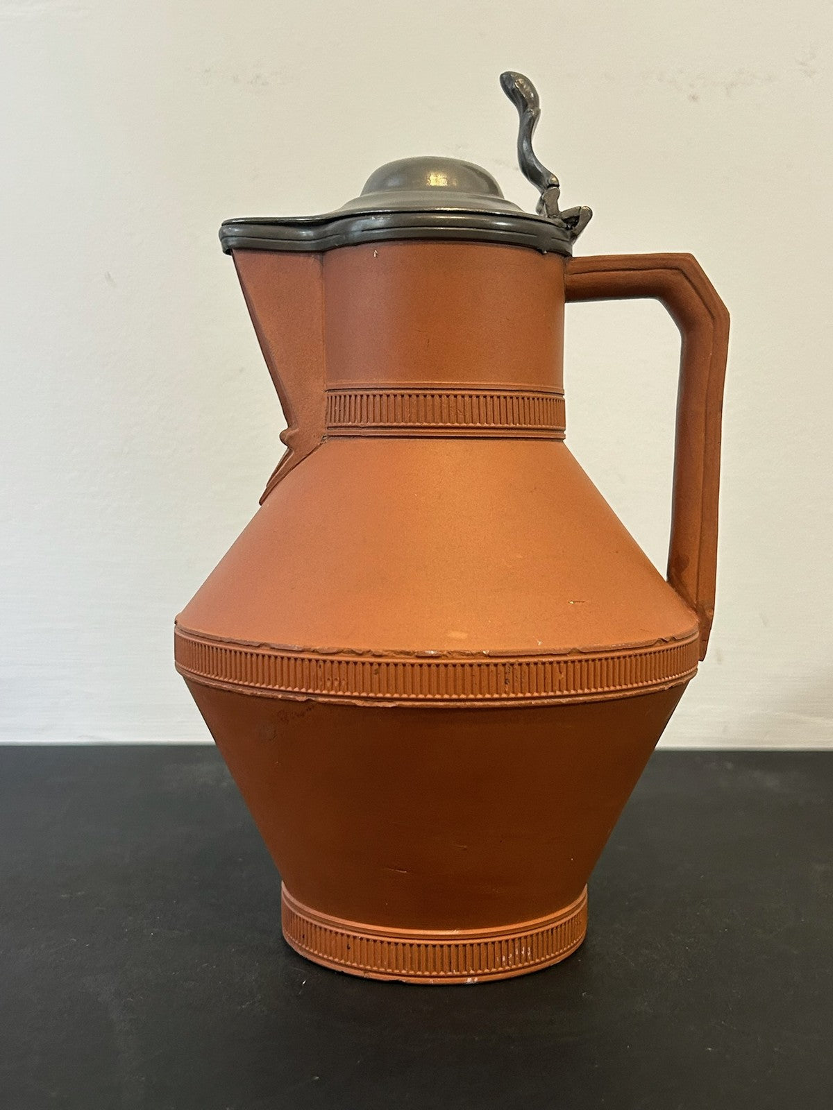 Antique Watcombe Torquay Terracotta Jug Pewter Lid Registered Design 1872 23cm0