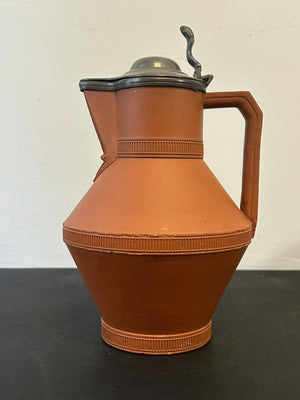 Antique Watcombe Torquay Terracotta Jug Pewter Lid Registered Design 1872 23cm