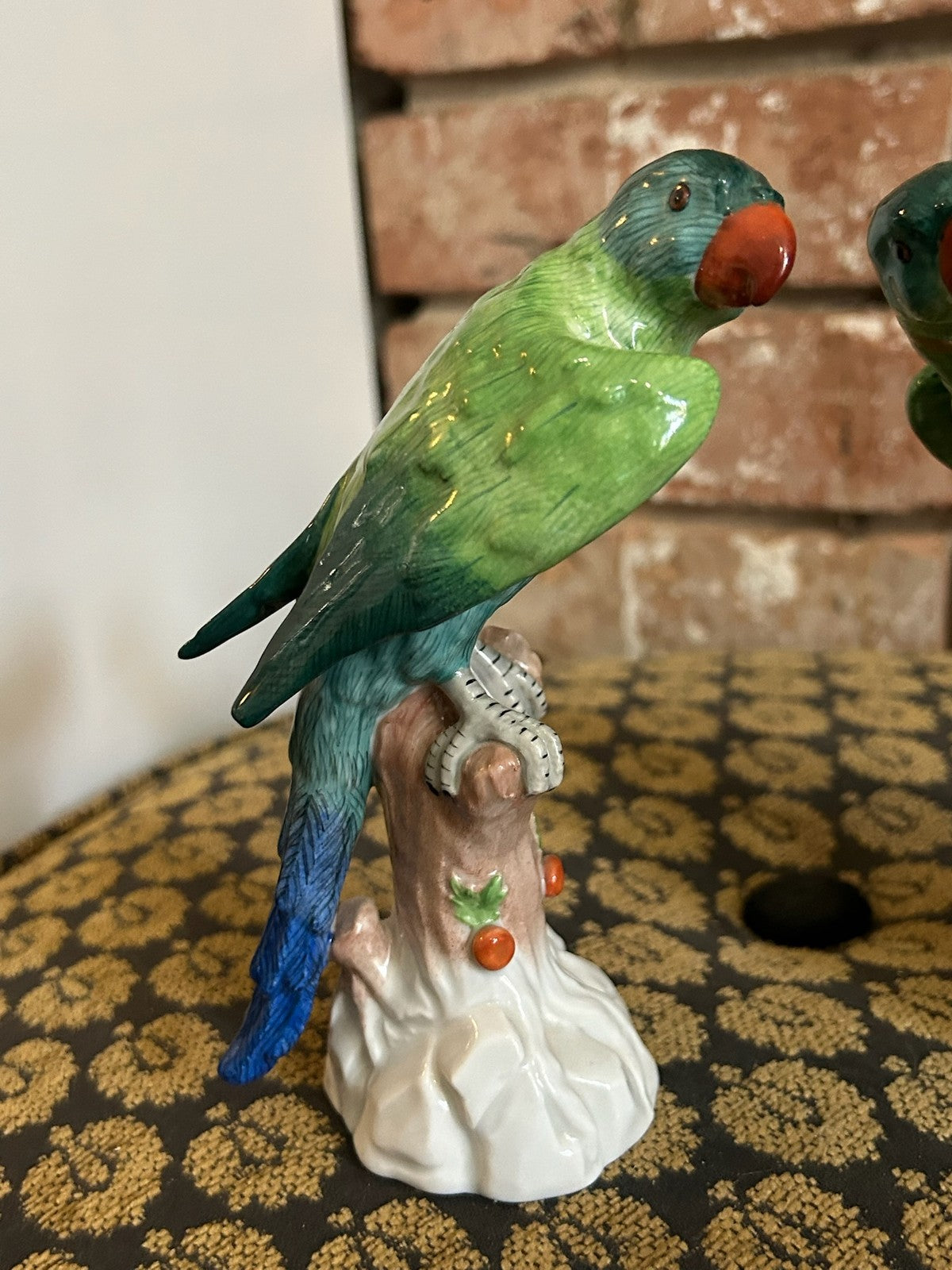 Pair Dresden Porcelain Green Parrot Figures Perched on Tree Stumps Blue Mark5