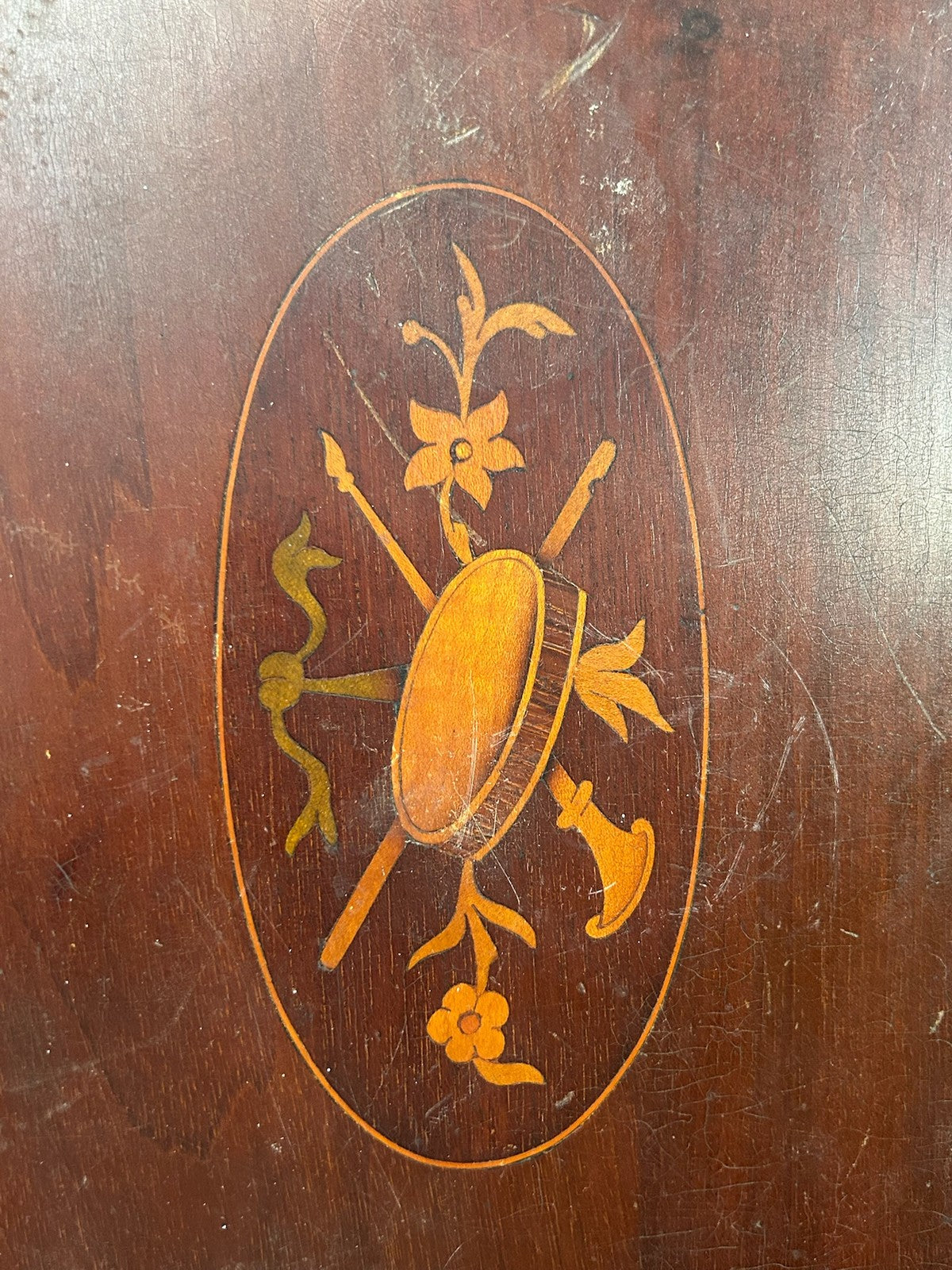 Edwardian Marquetry Inlaid Mahogany Oval Gallery Tray Brass Handles2