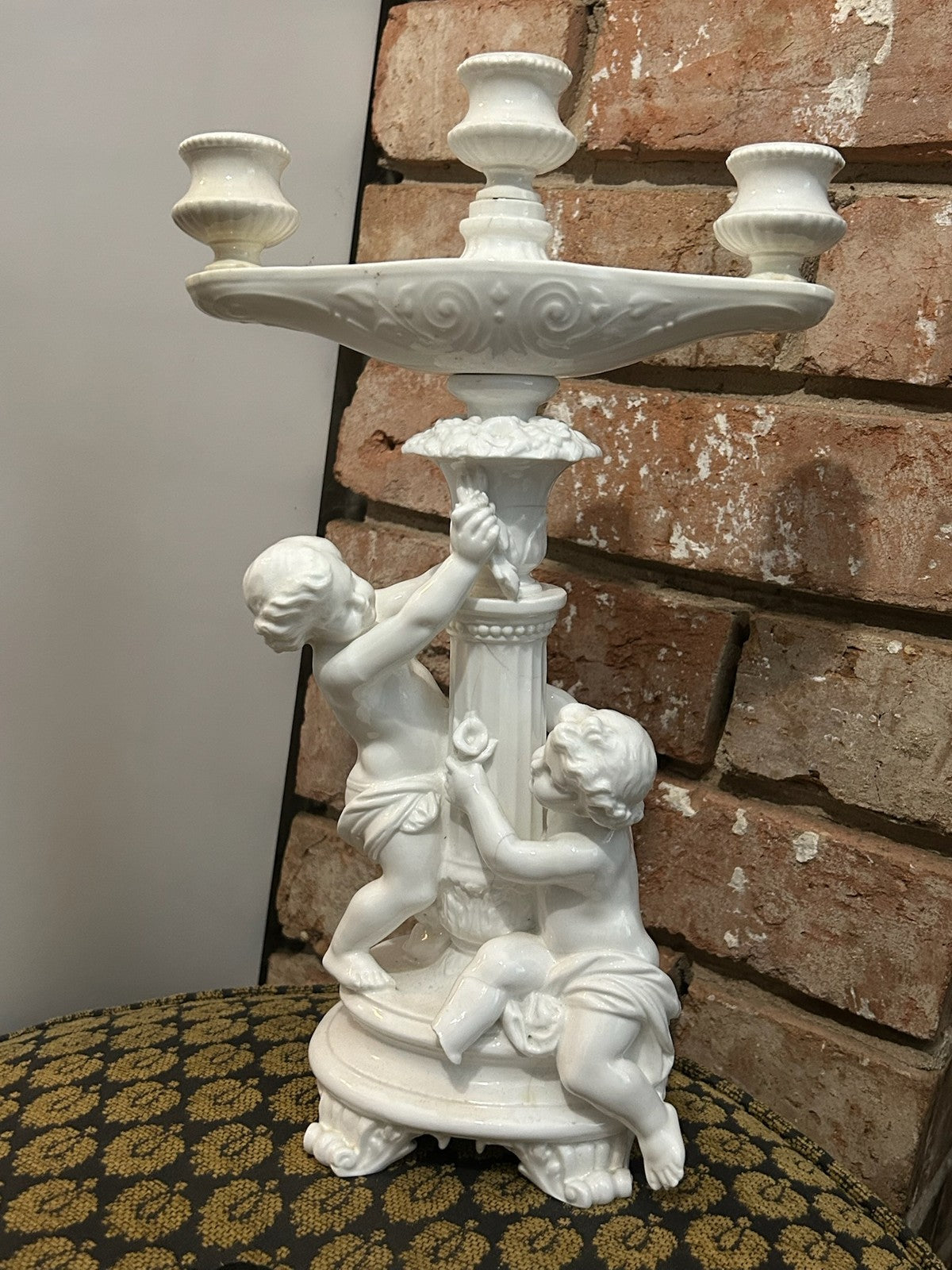 Antique Minton Parian Porcelain Three Branch Candelabrum Putti Cherubs Impressed1