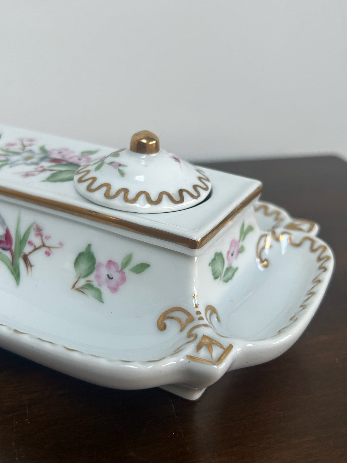 Continental Porcelain Inkstand Pen Tray Prunus Floral Gilt with Lids2