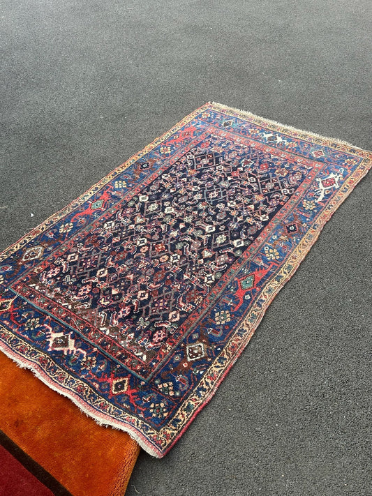 Antique Oriental Hand Knotted Herati Wool Rug Indigo Red Tribal c.1900 210x120cm0