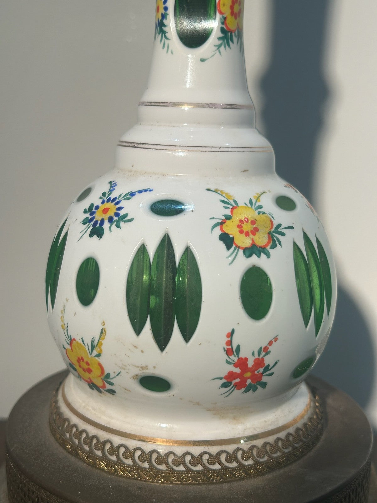 Antique Bohemian Overlay Glass Oil Lamp White Cut Green Hand Enamelled Brass2
