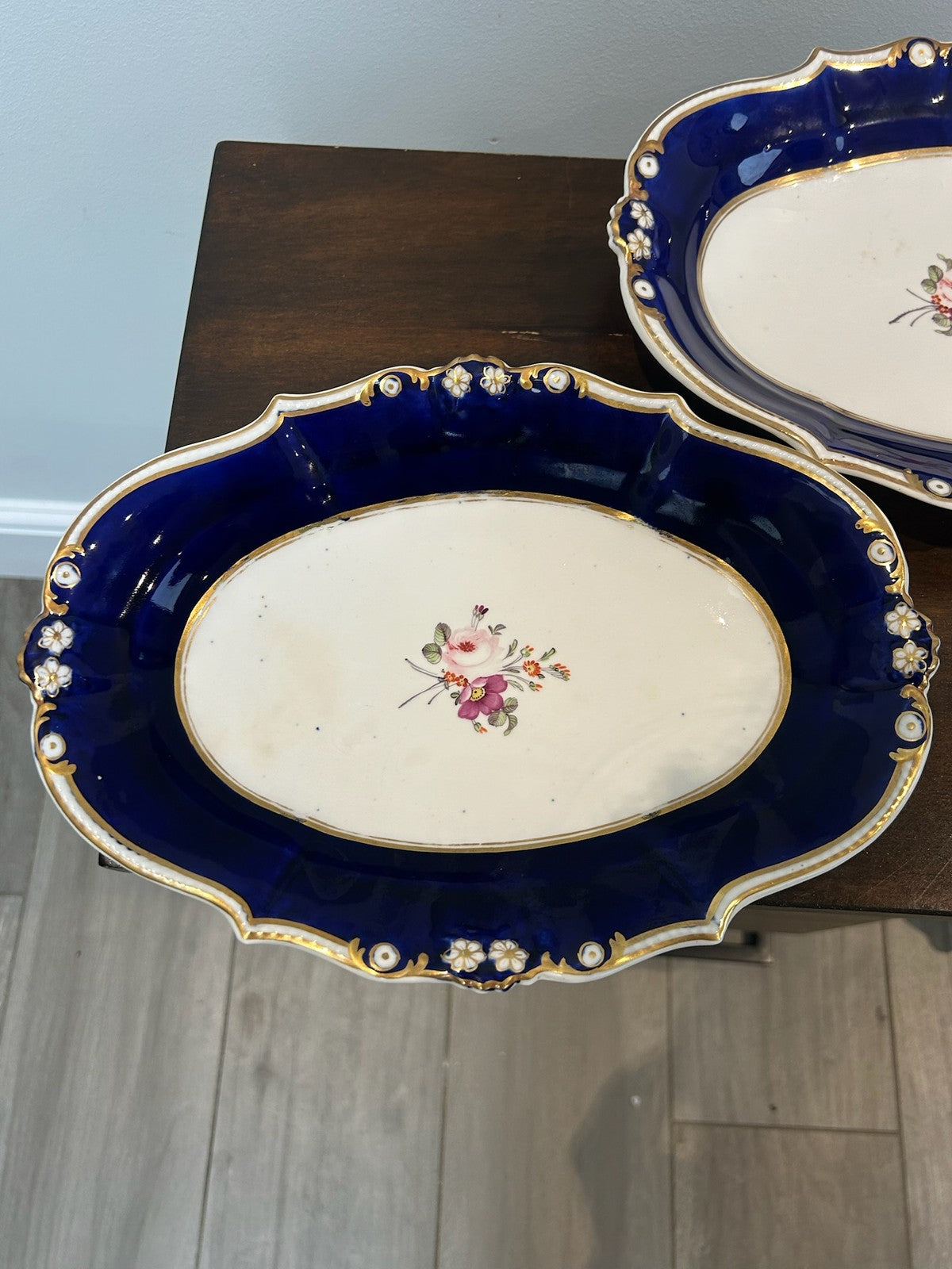 Pair Bloor Derby Oval Dessert Dishes Cobalt Gilt Borders Floral Sprays c.18303