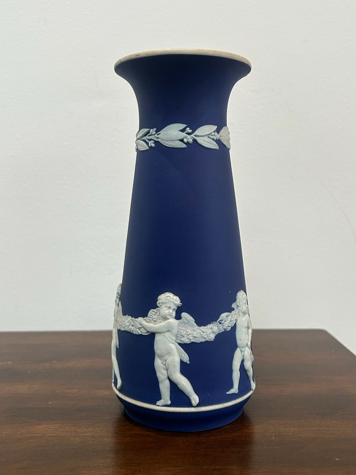 Pair Antique Wedgwood Portland Blue Jasperware Vases Cherubs Cupids (One A/F)6
