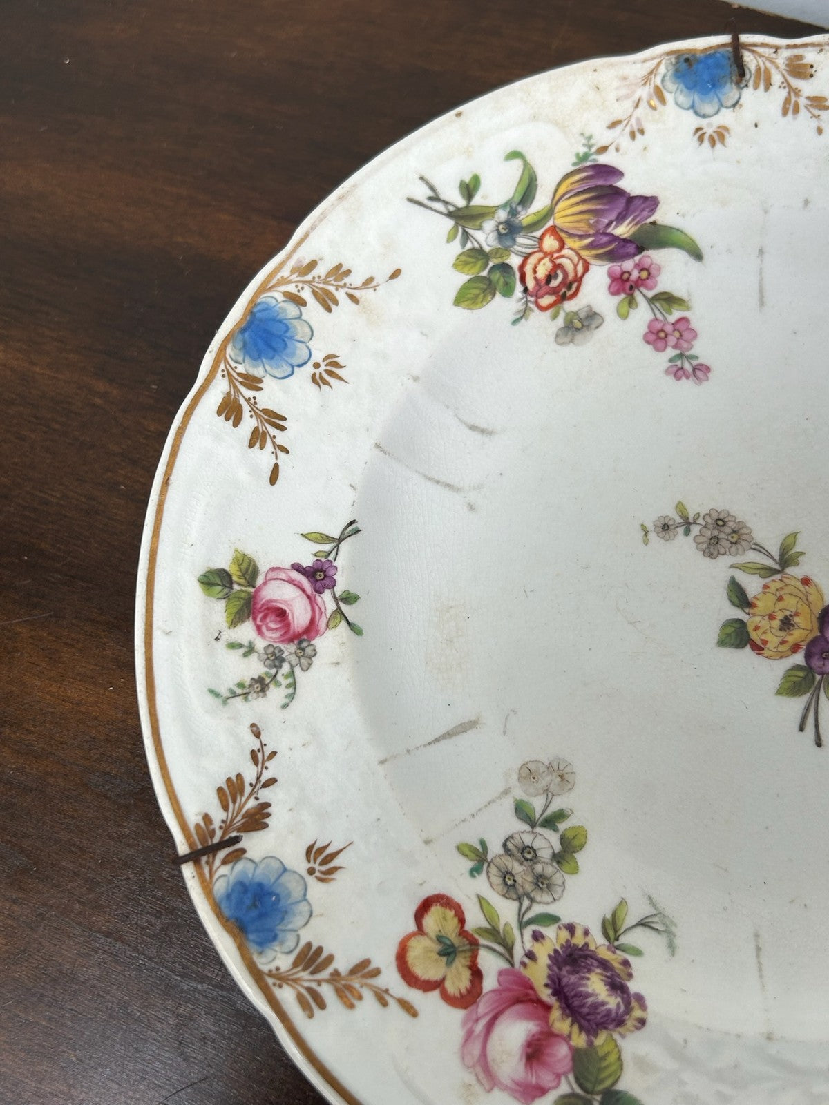 Antique English Porcelain Plate Hand Painted Floral Sprays Wire Hanger1