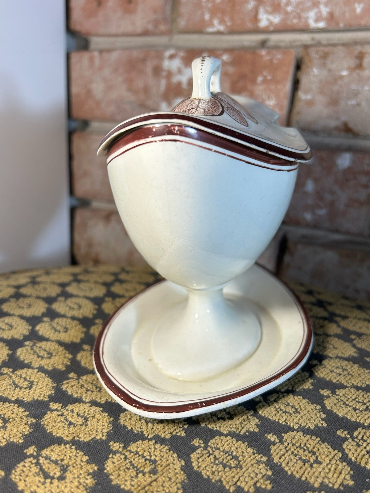 Antique Creamware Sauce Tureen Cover and Stand Brown Line Rims c18004