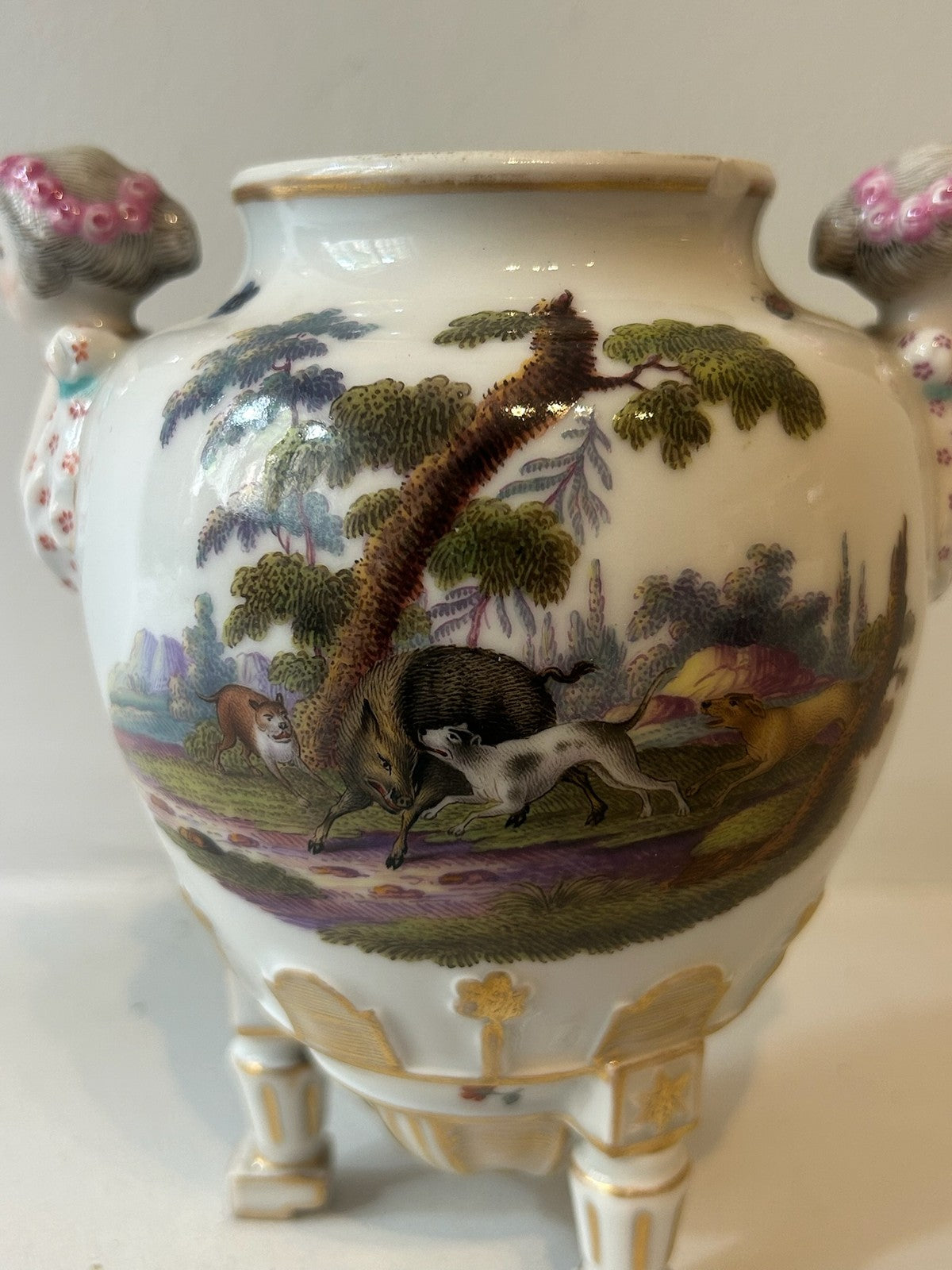 Antique Continental Dresden Style Porcelain Caryatid Vase Hand Painted 13.5cm1