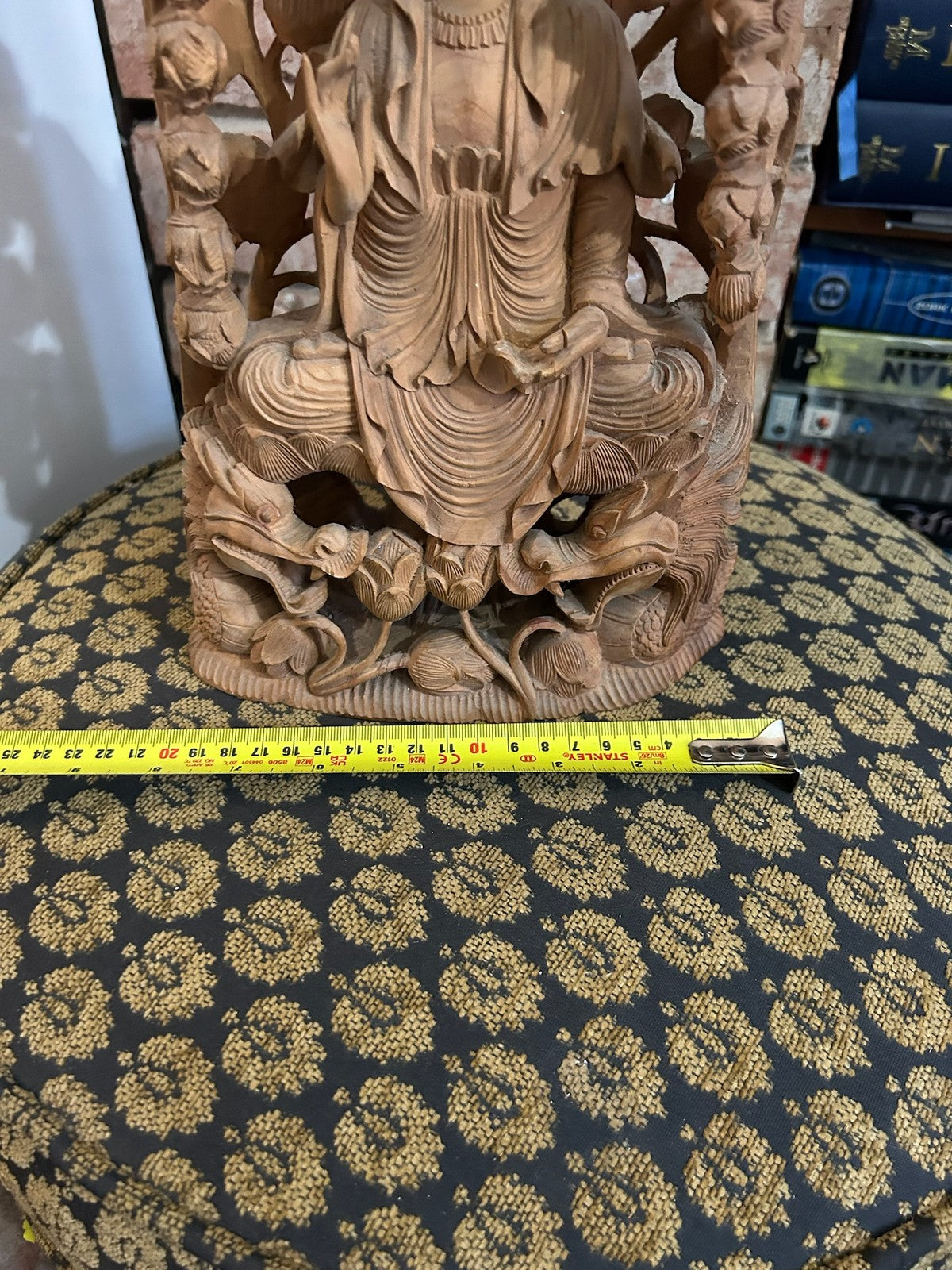 Chinese Carved Wood Guanyin Figure Group Dragons Lotus Deeply Carved Panel22