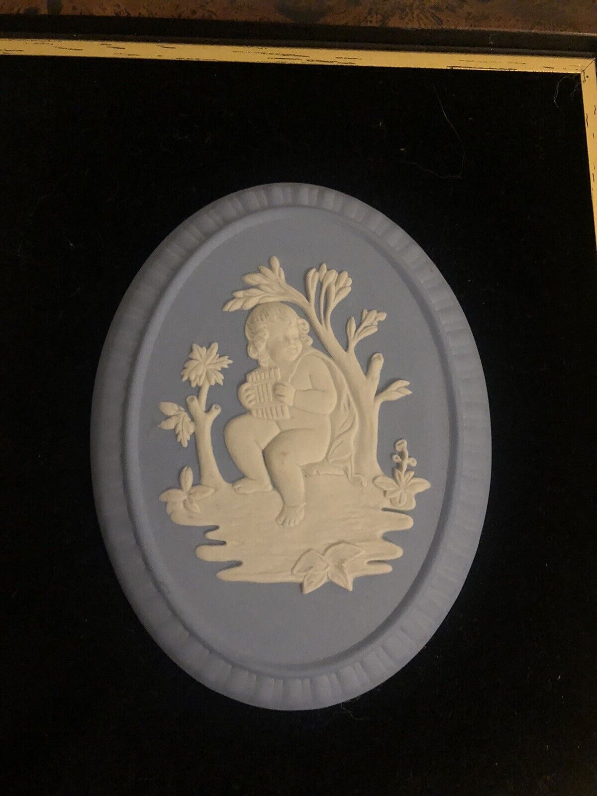 Wedgwood Blue and White Jasperware Oval  Plaque Cupid Framed