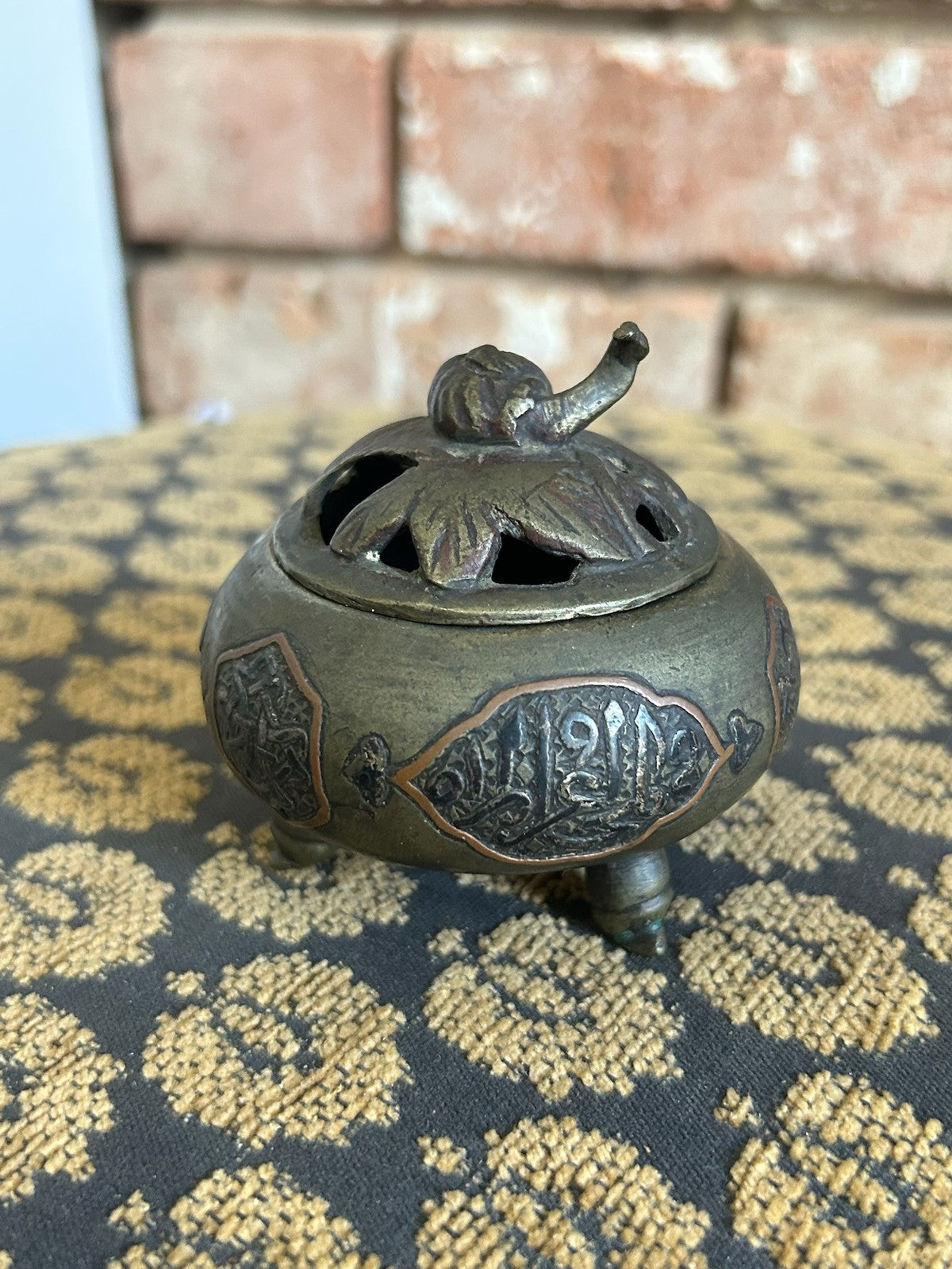 Antique Islamic Metal Incense Burner Censer Copper Calligraphy Panels Tripod1