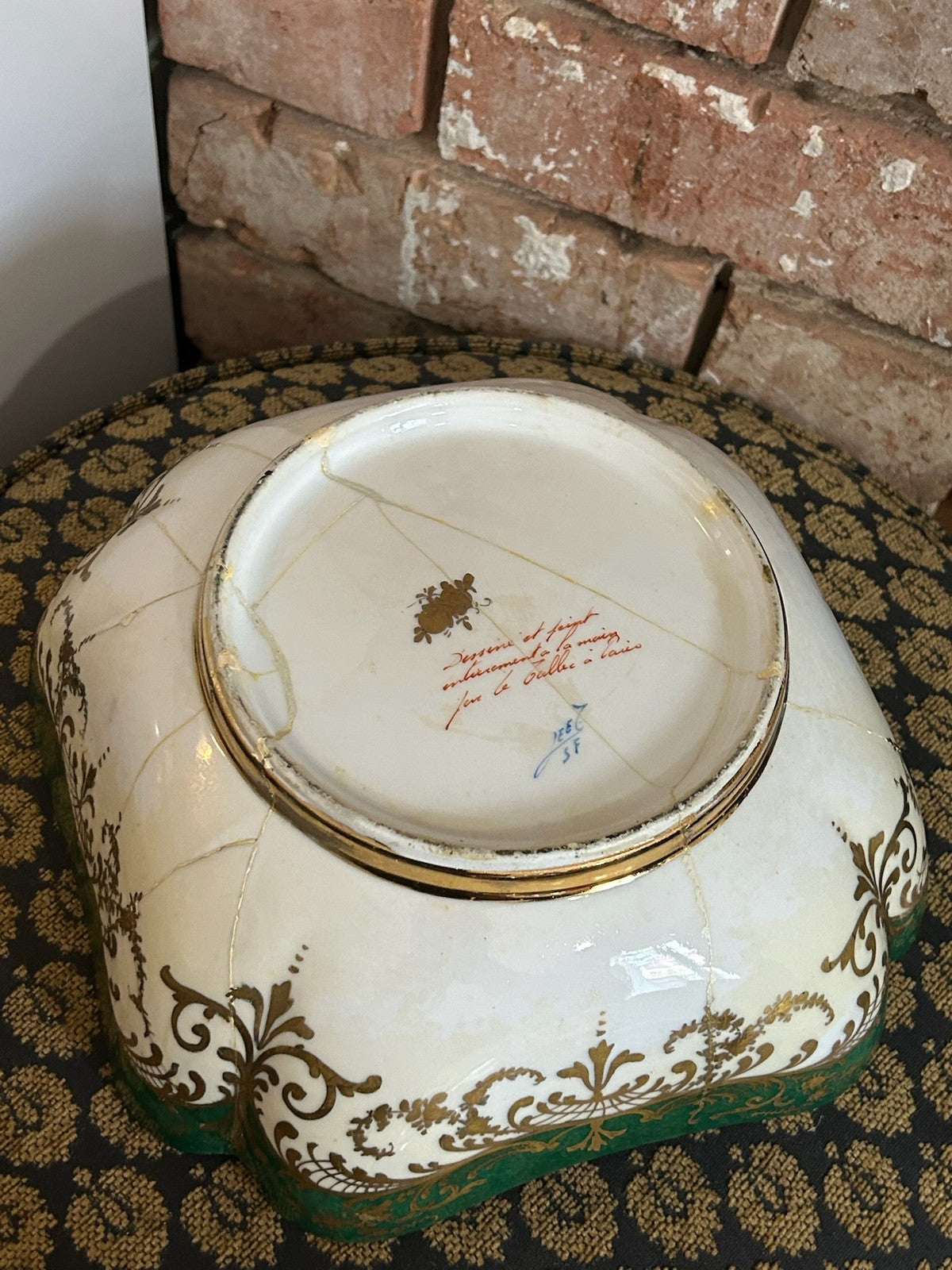 Le Tallec Paris Hand Painted Porcelain Square Dish Green Gilt Floral Border12