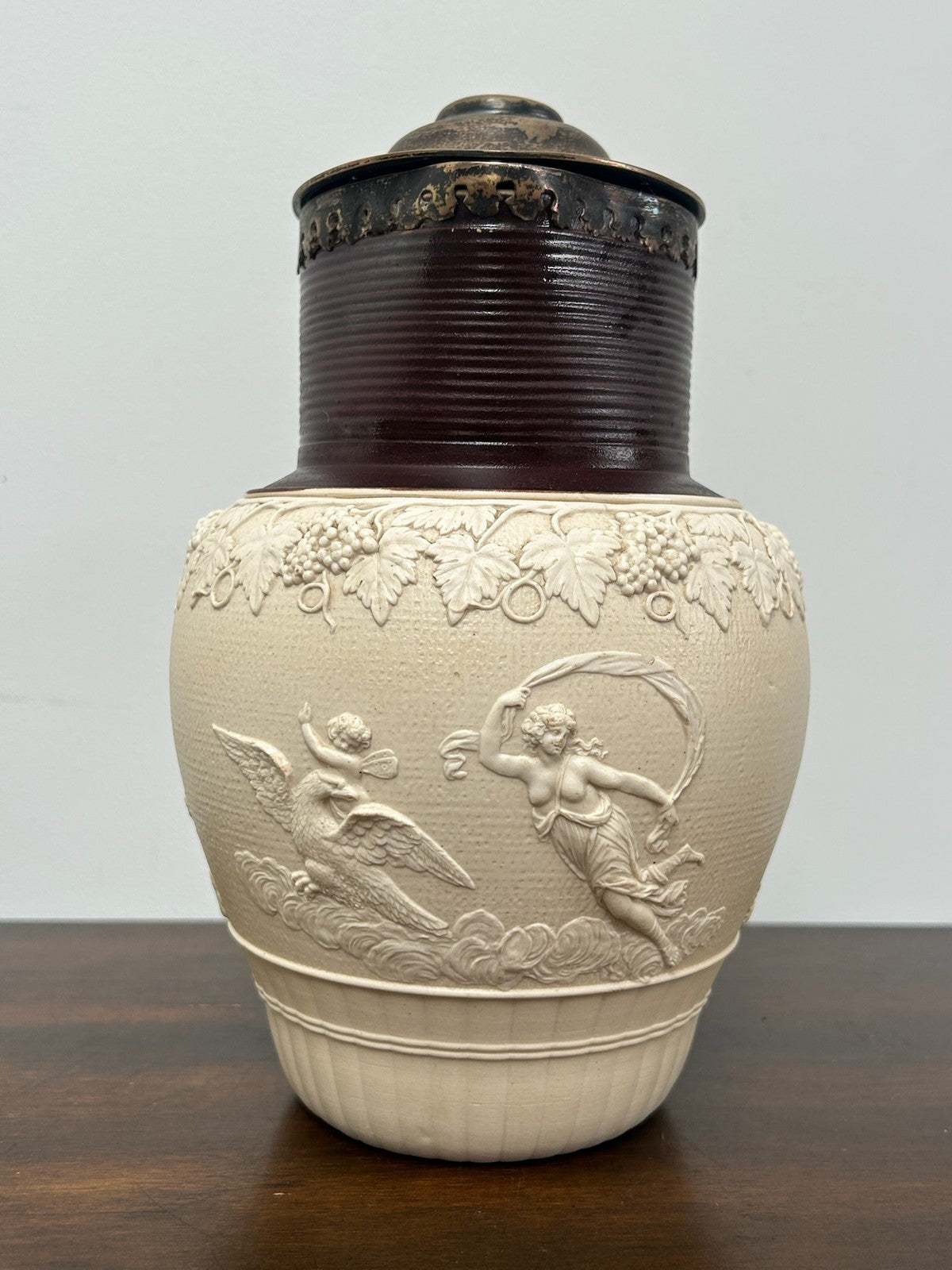Large Turner Stoneware Jug Silver Lid 23cm Sprigged Relief Georgian c18001