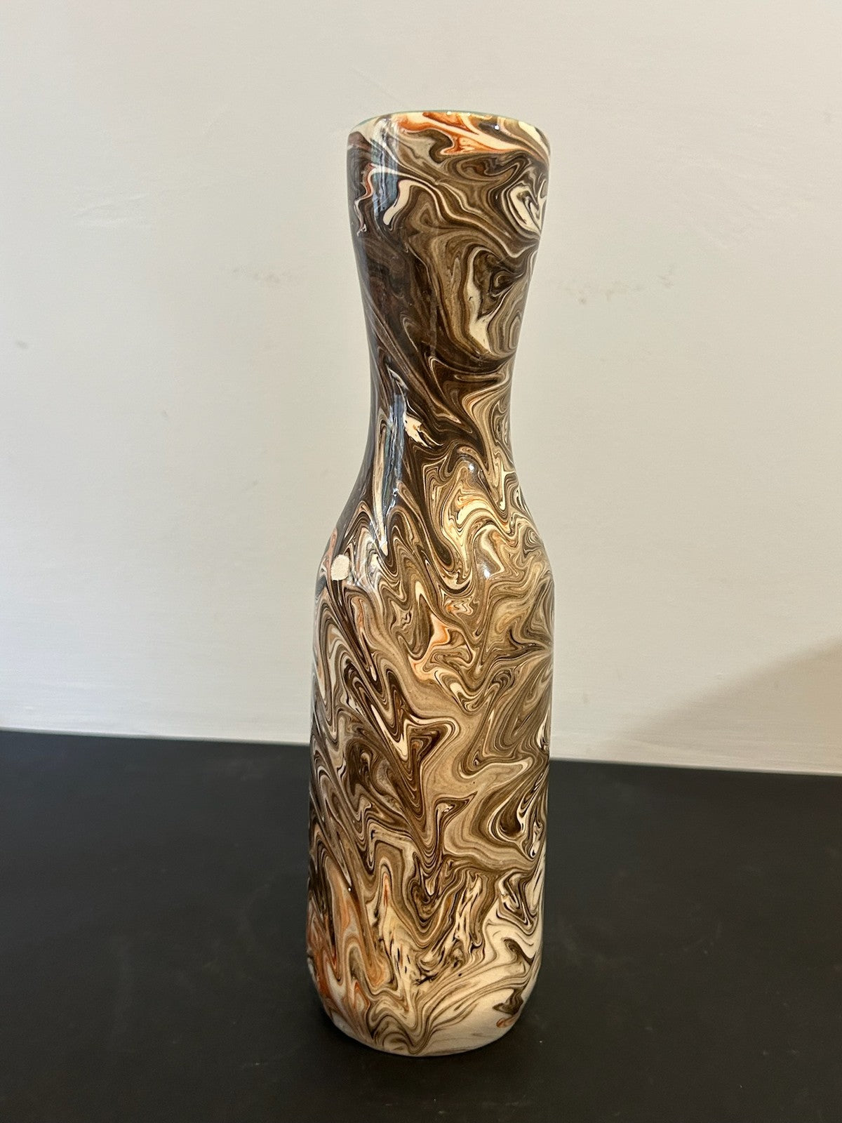 1960s Italian Marbled Agate Pottery Bottle Vase Brown Cream Swirl 28cm1