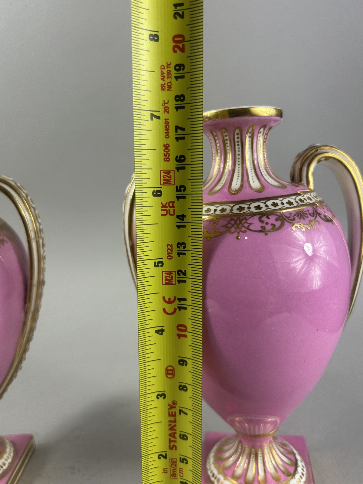 Antique Pair Pink Ground Gilt Porcelain Urn Vases, 18cm