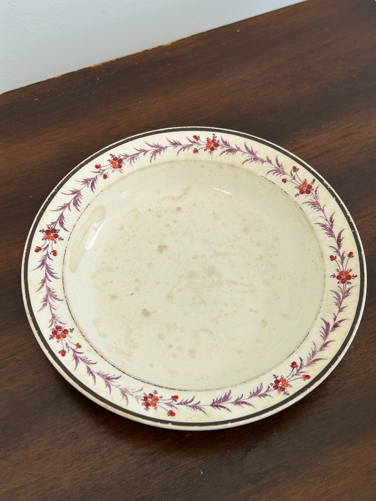 Antique Creamware Plate Hand Painted Pink Floral Border Early 19th Century 15cm1