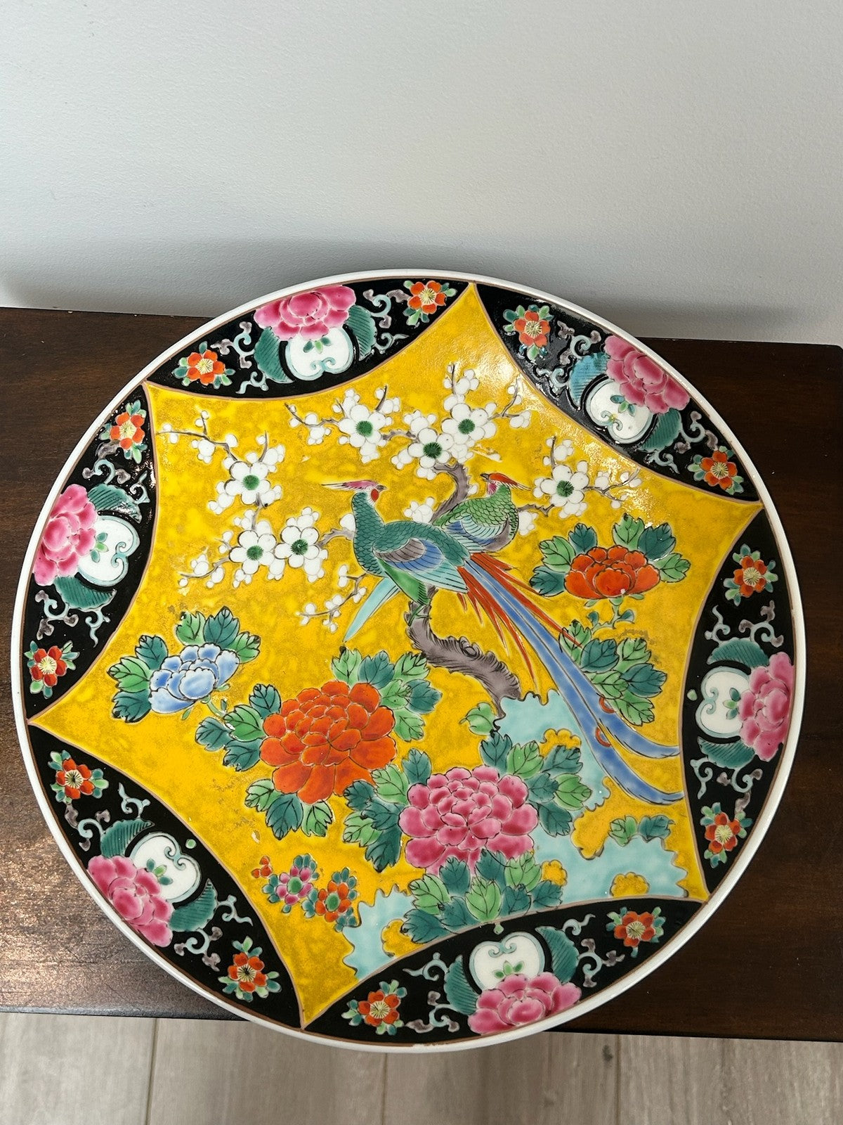 Antique Chinese Famille Noire Charger Peacocks Peonies Birds0