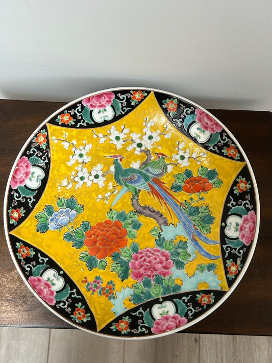 Antique Chinese Famille Noire Charger Peacocks Peonies Birds0