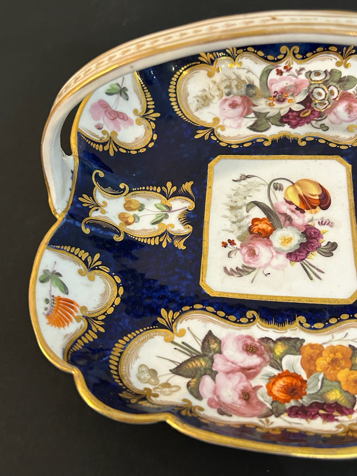 Antique English Porcelain Basket Cobalt Gilt Painted Flowers Handle A/F3