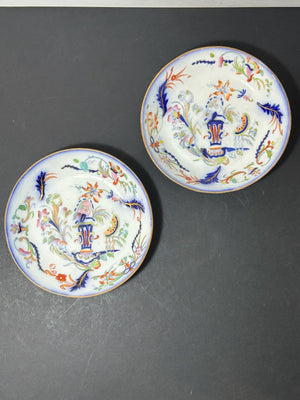 Pair Antique English Porcelain Imari Pattern Saucer Dishes Urn Flowers 15cm