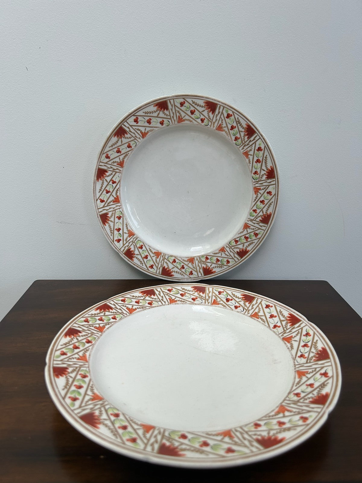 Pair Antique English Porcelain Plates Iron Red Stylised Leaf Border A/F0