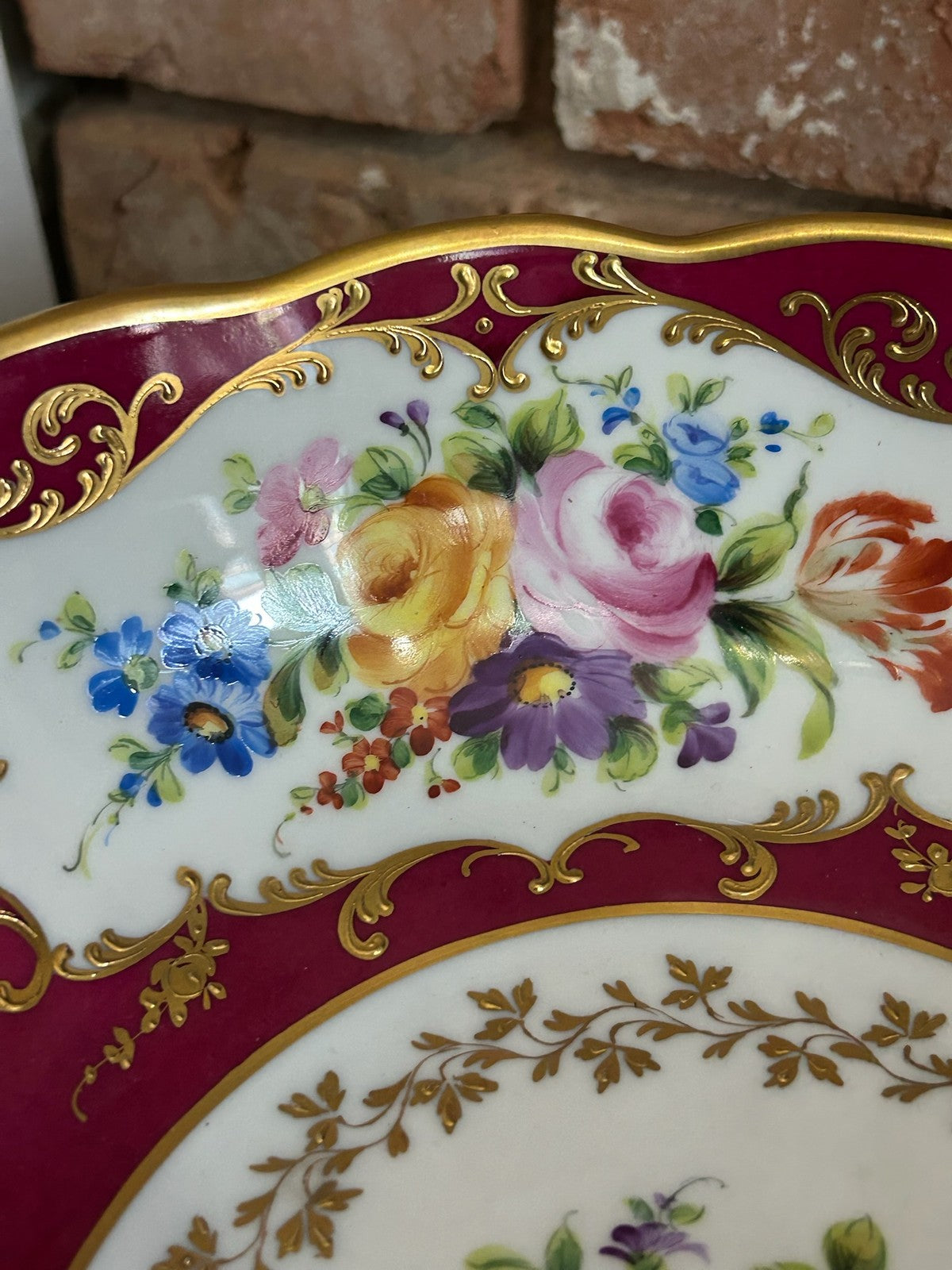 Le Tallec Paris Hand Painted Porcelain Bowl Crimson Gilt Floral Scalloped Rim10