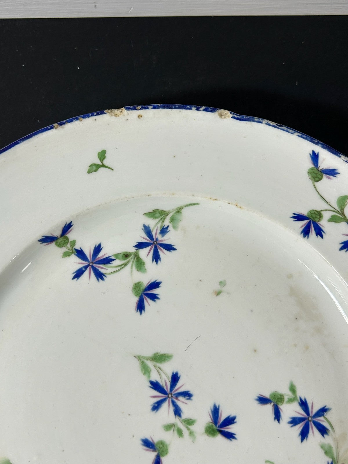 Pair Antique Plates Blue Cornflower Sprig Barbeau Pattern Blue Rim 24cm8
