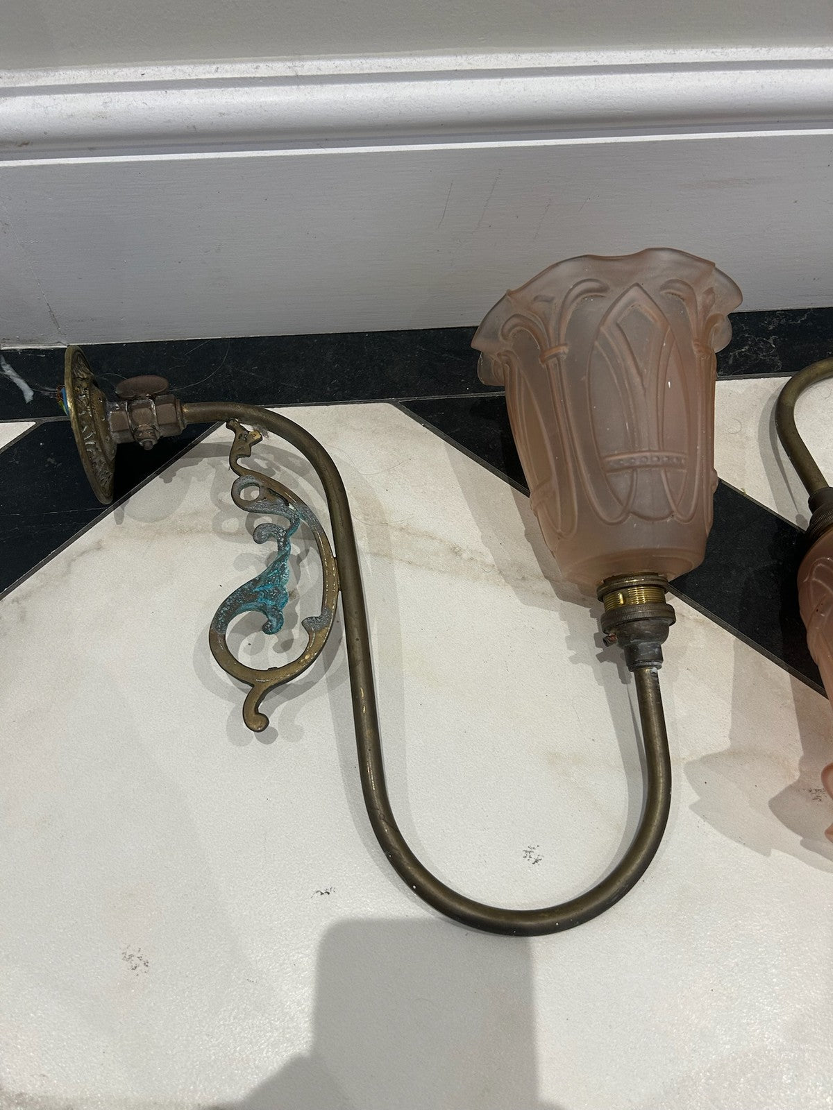 Pair Brass Wall Lights c.1900 Satin Pink Art Nouveau Frosted Glass Shades1