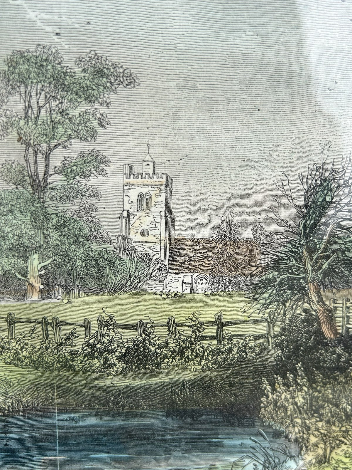 Framed Hand Coloured Engraving Country Church c.1846 Antique Print3