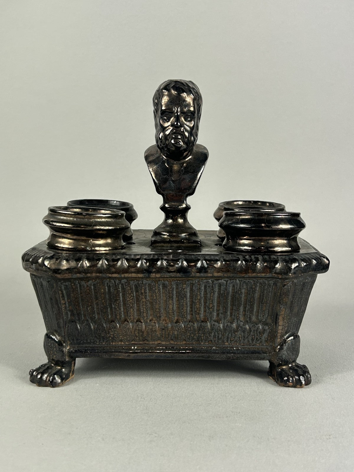 Early Staffordshire Silver Lustre Philosopher Inkstand with Four Pots