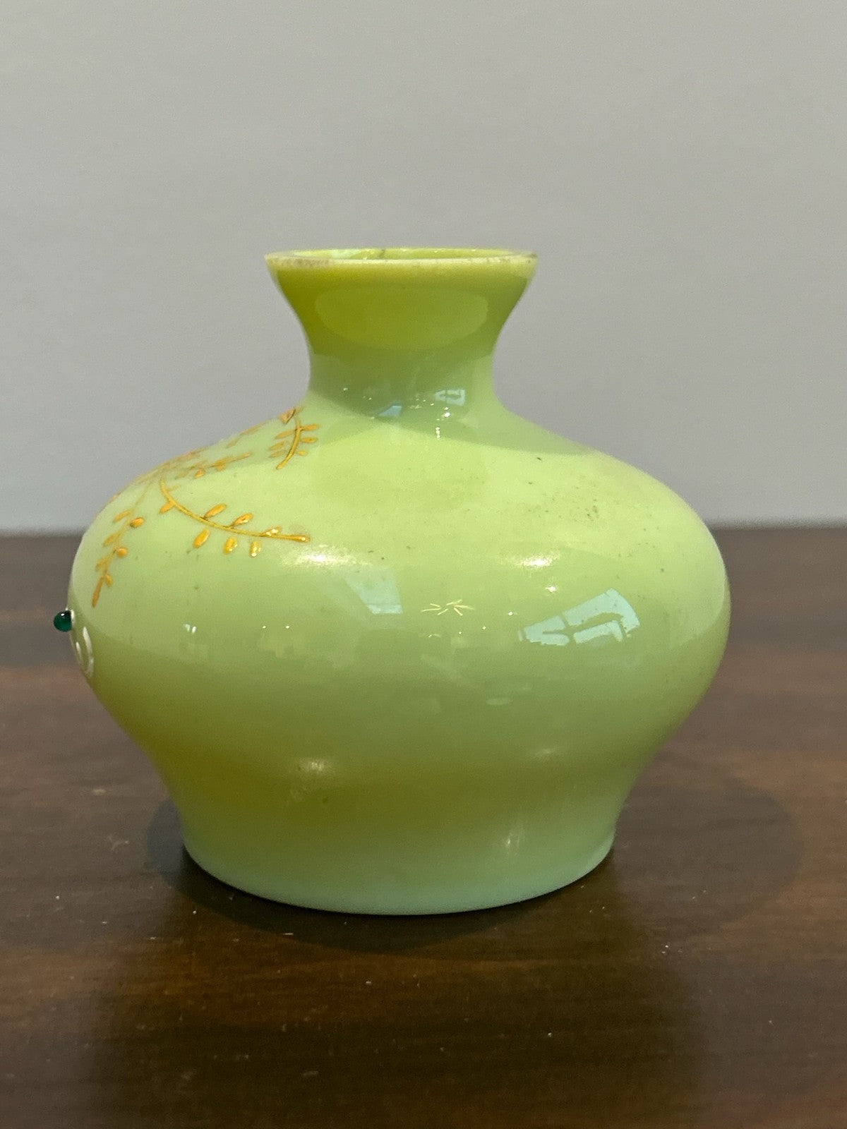 Antique Bohemian Green Opaline Glass Vase Raised Gilt Enamel Cornucopia Jewelled2