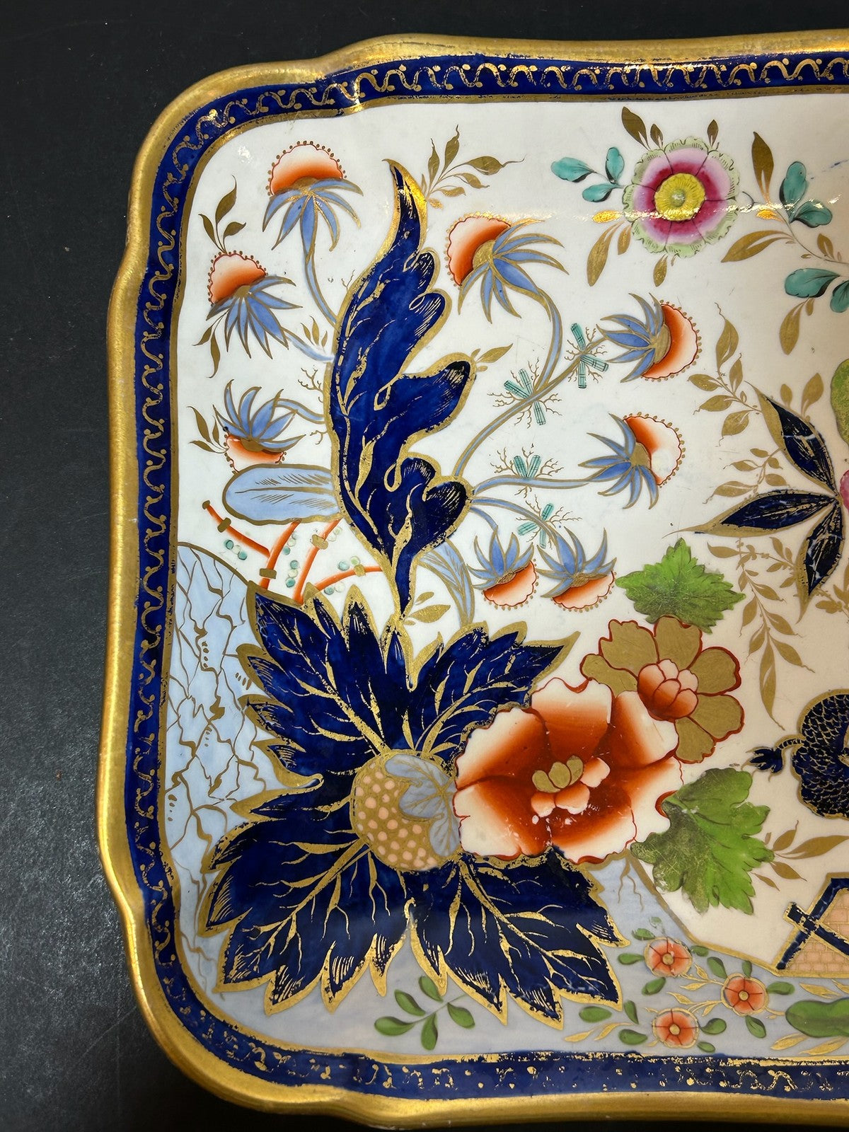 Antique Coalport Porcelain Imari Square Dessert Dish Cobalt Gilt Peony c18151