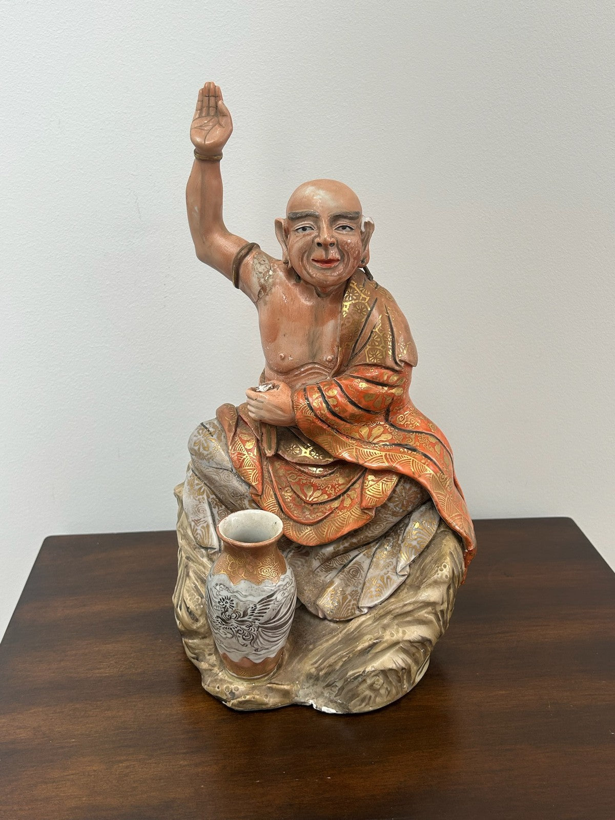 Antique Japanese Meiji Polychrome Pottery Figure of a Luohan / Monk & Vase0