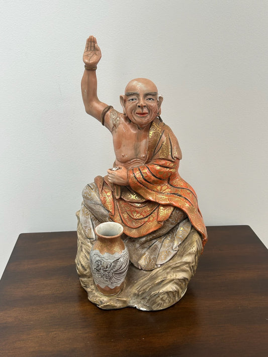Antique Japanese Meiji Polychrome Pottery Figure of a Luohan / Monk & Vase0