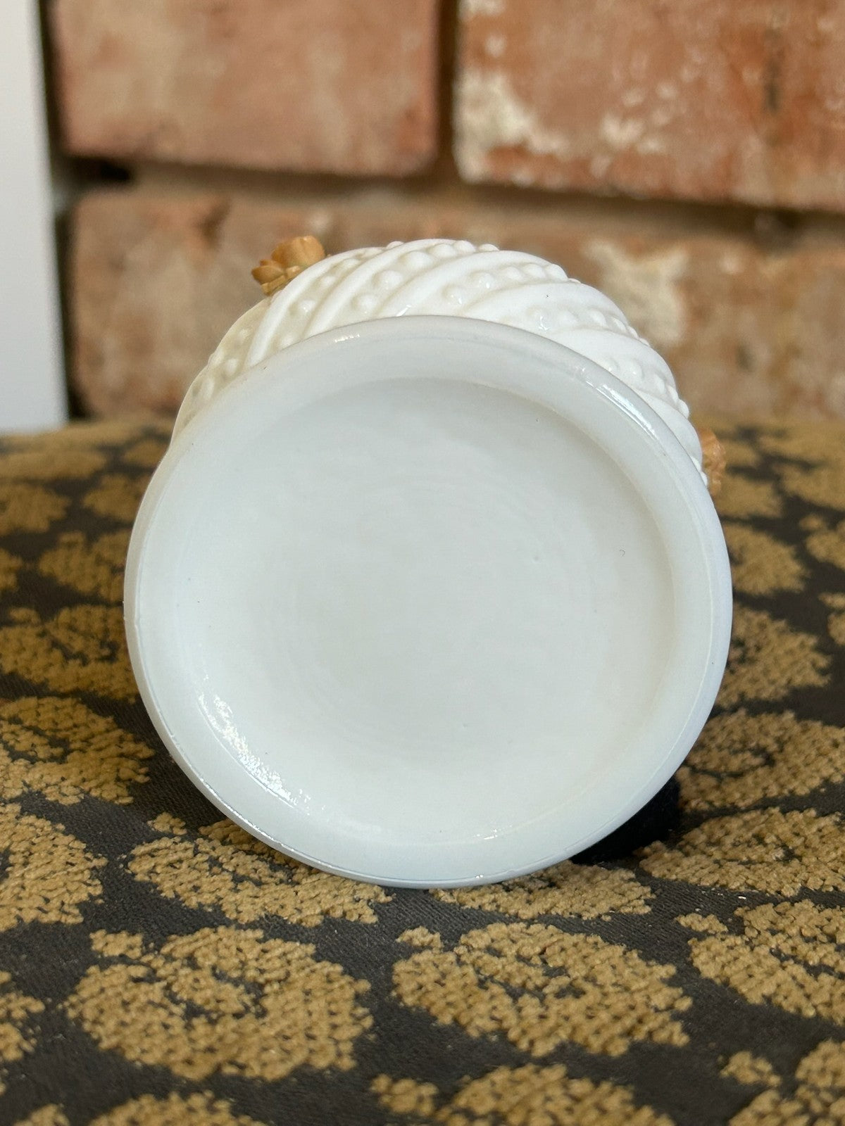 Vintage Milk Glass Miniature Oil Lamp Hobnail Applied Amber Roses Brass Burner4