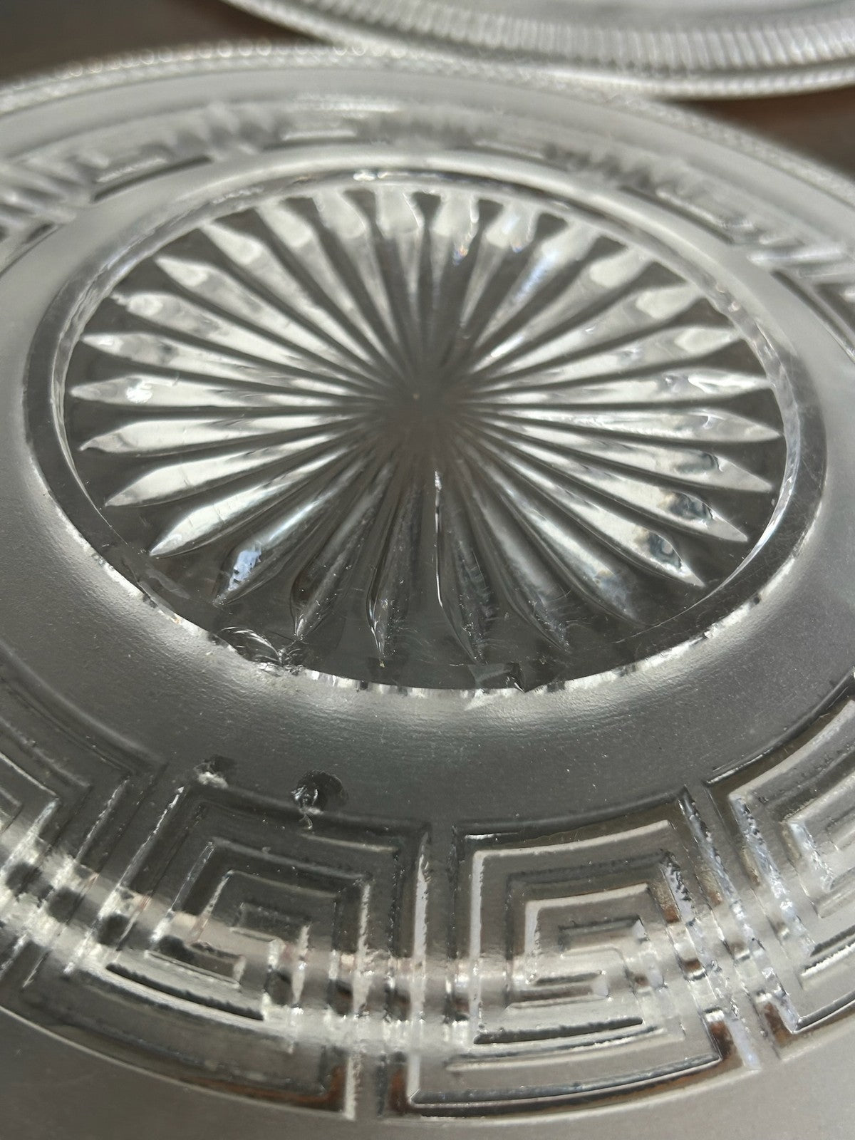 Set of 3 Cut Glass Star Burst Plates Greek Key Border Vintage 22cm4
