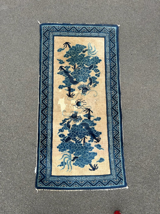 Antique Chinese Dragon Rug Ivory Field Blue Dragons Flaming Pearl Hand Knotted0